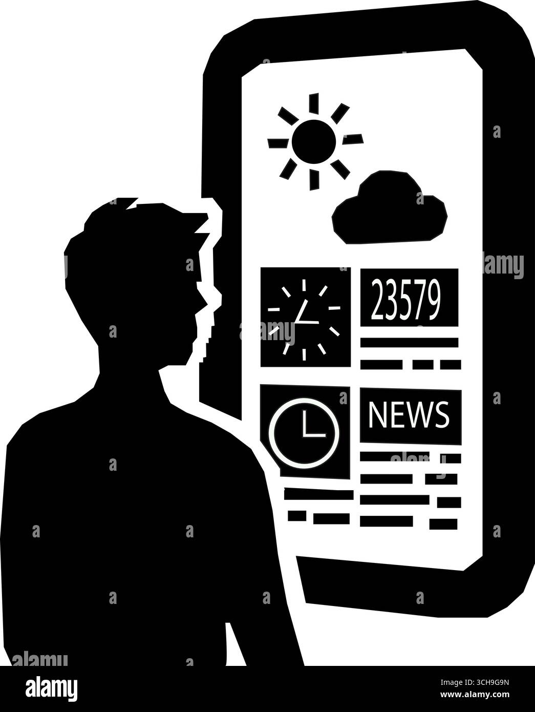 Silhouette della persona che guarda le notizie meteo e l'orologio sullo smartphone con schermo digitale. Su sfondo bianco. Illustrazione Vettoriale