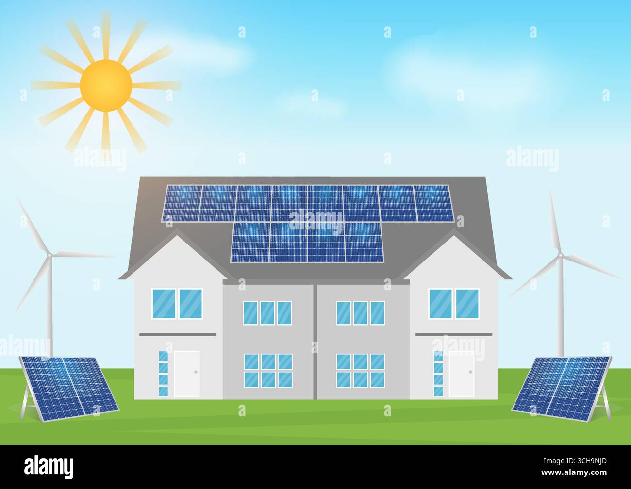 Casa con pannelli solari e turbine eoliche. Fonti energetiche alternative e rinnovabili. Concetto di elettricità a energia verde. Illustrazione Vettoriale Casa con pannelli solari e turbine eoliche. Fonti energetiche alternative e rinnovabili. Concetto di elettricità a energia verde. Illustrazione Vettoriale