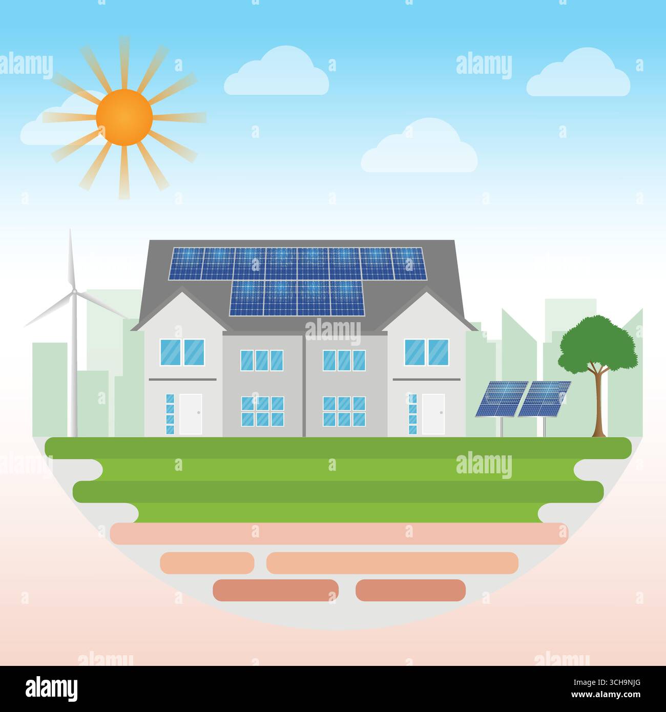 Casa con pannelli solari e turbine eoliche. Fonti energetiche alternative e rinnovabili. Concetto di elettricità a energia verde. Illustrazione Vettoriale Casa con pannelli solari e turbine eoliche. Fonti energetiche alternative e rinnovabili. Concetto di elettricità a energia verde. Illustrazione Vettoriale