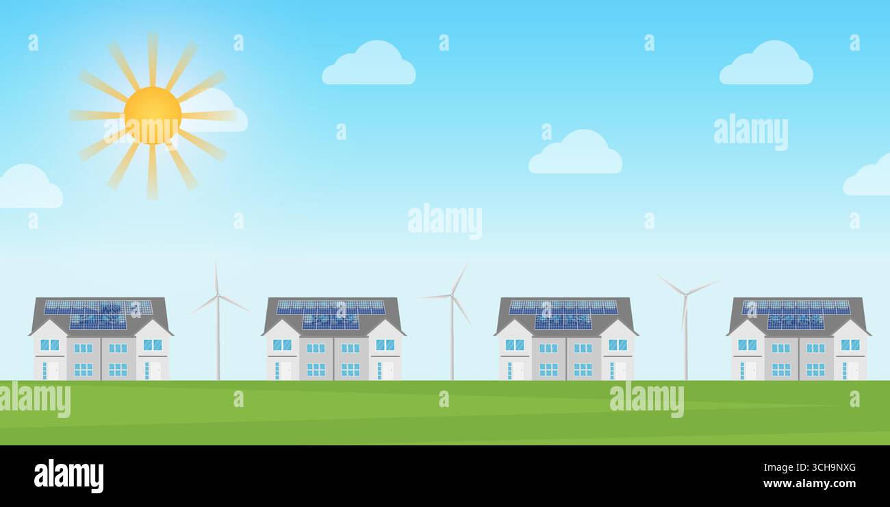 Casa con pannelli solari e turbine eoliche. Fonti energetiche alternative e rinnovabili. Concetto di elettricità a energia verde. Illustrazione Vettoriale Casa con pannelli solari e turbine eoliche. Fonti energetiche alternative e rinnovabili. Concetto di elettricità a energia verde. Illustrazione Vettoriale