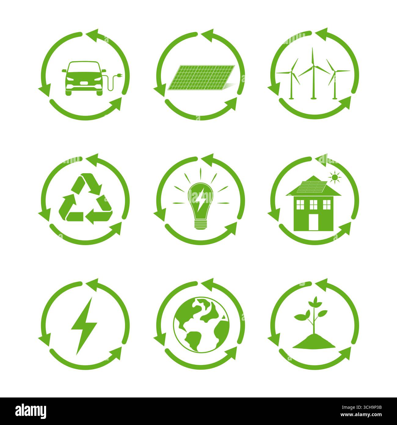 Icone Eco verdi impostate. Set di icone ecologiche. Set di icone energia verde. Illustrazione vettoriale. Illustrazione Vettoriale