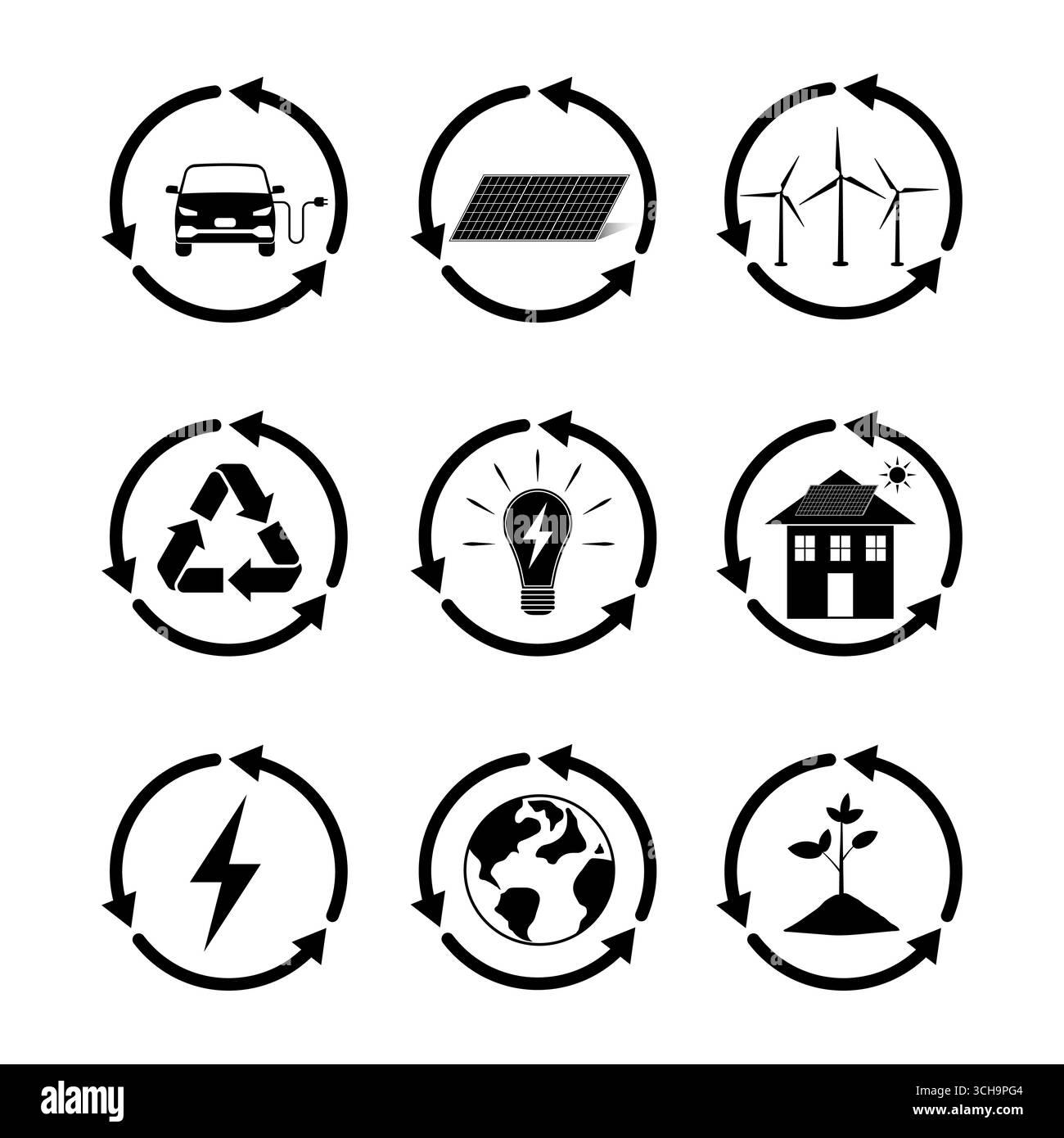 Icone Eco verdi impostate. Set di icone ecologiche. Set di icone energia verde. Illustrazione vettoriale. Illustrazione Vettoriale