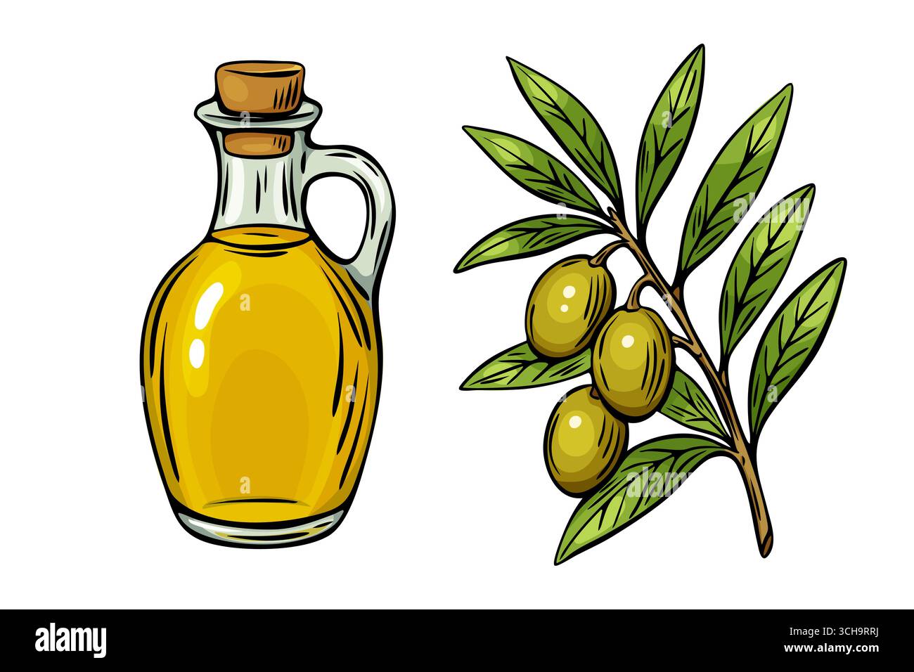 Illustrazione vettoriale della bottiglia di olio d'oliva con ramoscello d'oliva. Disegnato a mano in stile mediterraneo, ideale per il branding e il confezionamento di alimenti. Illustrazione Vettoriale