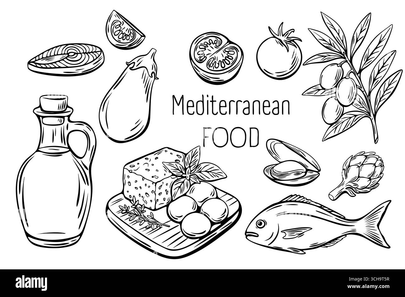 Set di piatti mediterranei in bianco e nero incisi, tra cui formaggio, pesce, olio e verdure. Ideale per confezioni o menu. Illustrazione Vettoriale