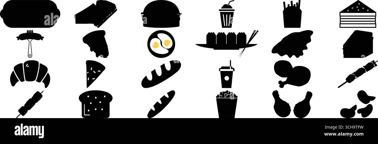 Collezione di icone di cibo e bevande con spuntini e pasti Illustrazione Vettoriale