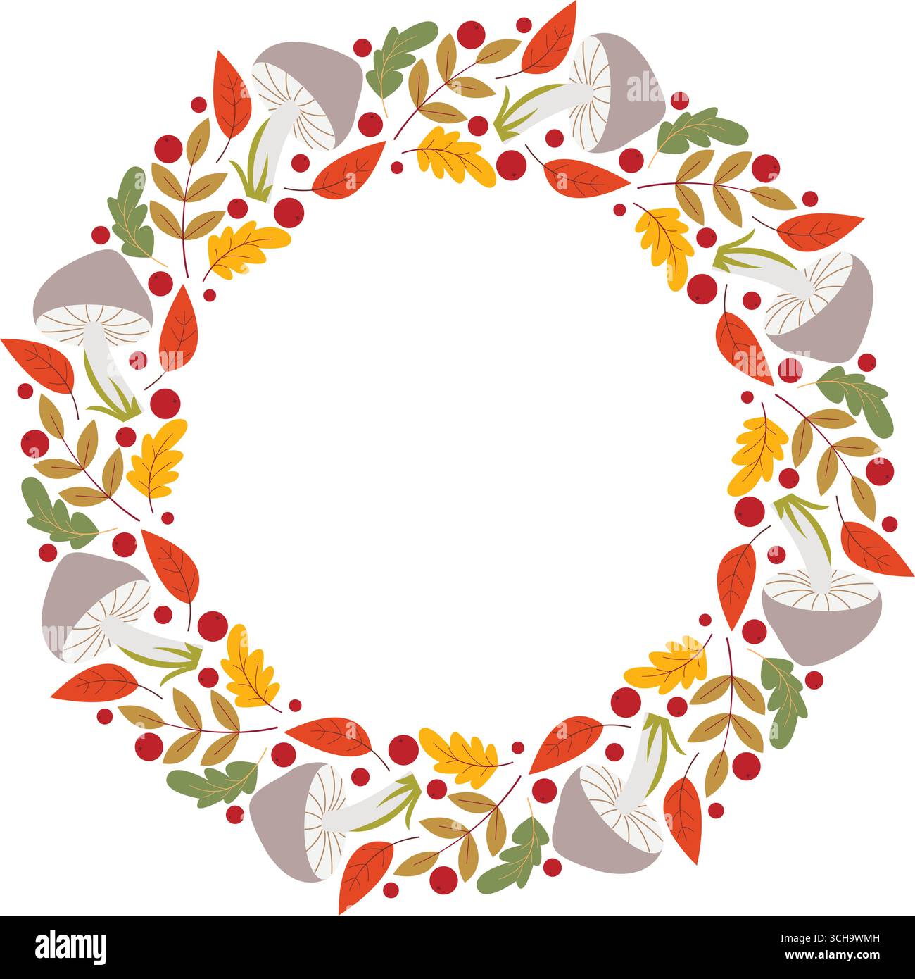 Bosco corona rotonda autunnale di foglie, bacche e funghi. Cornice rotonda della foresta naturale. Telaio forestale di raccolta con spazio di copia per il design autunnale Illustrazione Vettoriale