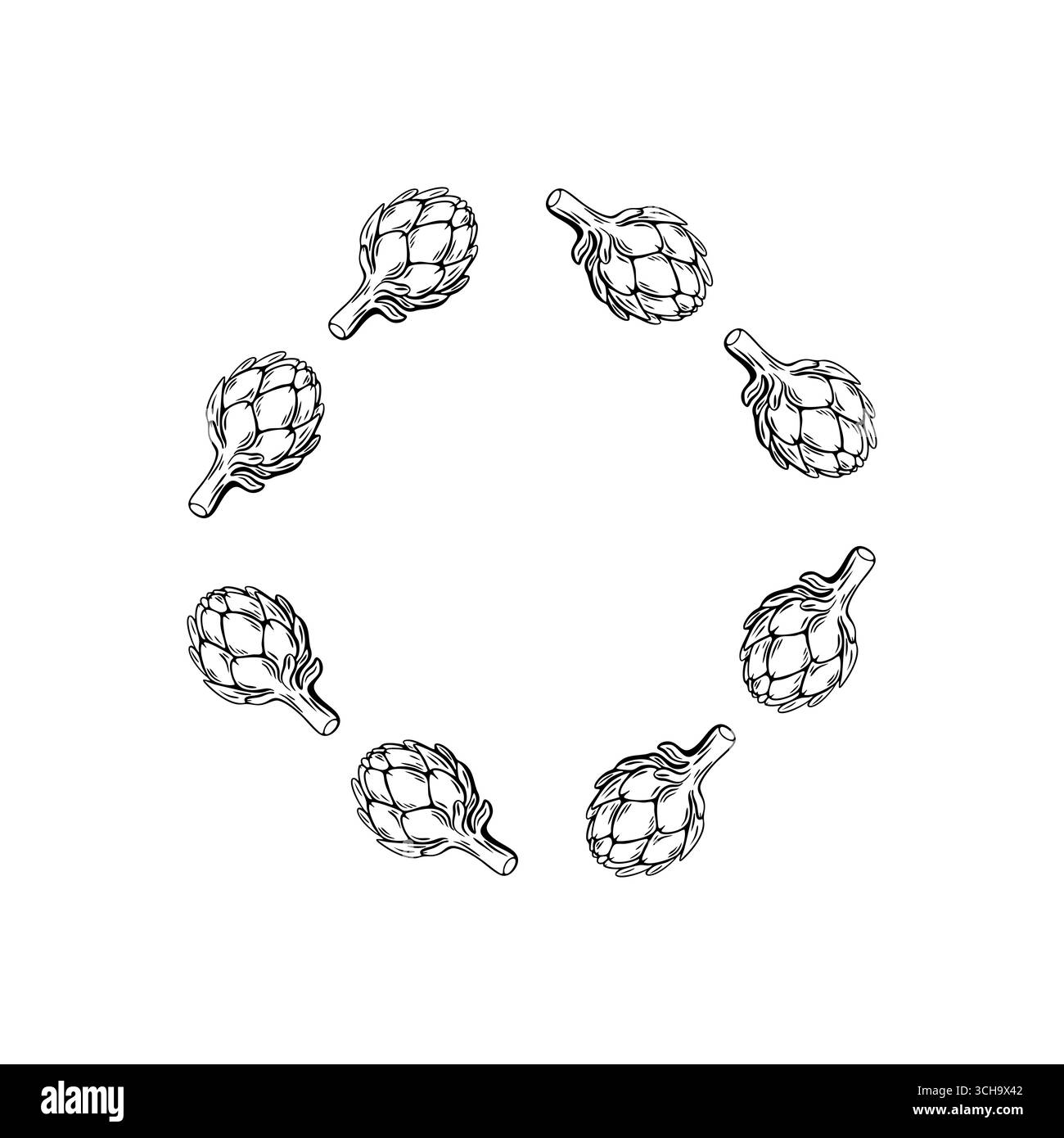 Corona di carciofi monocromatica in stile inciso disegnato a mano. Ideale per imballaggi alimentari mediterranei, etichette ecologiche o layout di ricette. Illustrazione Vettoriale