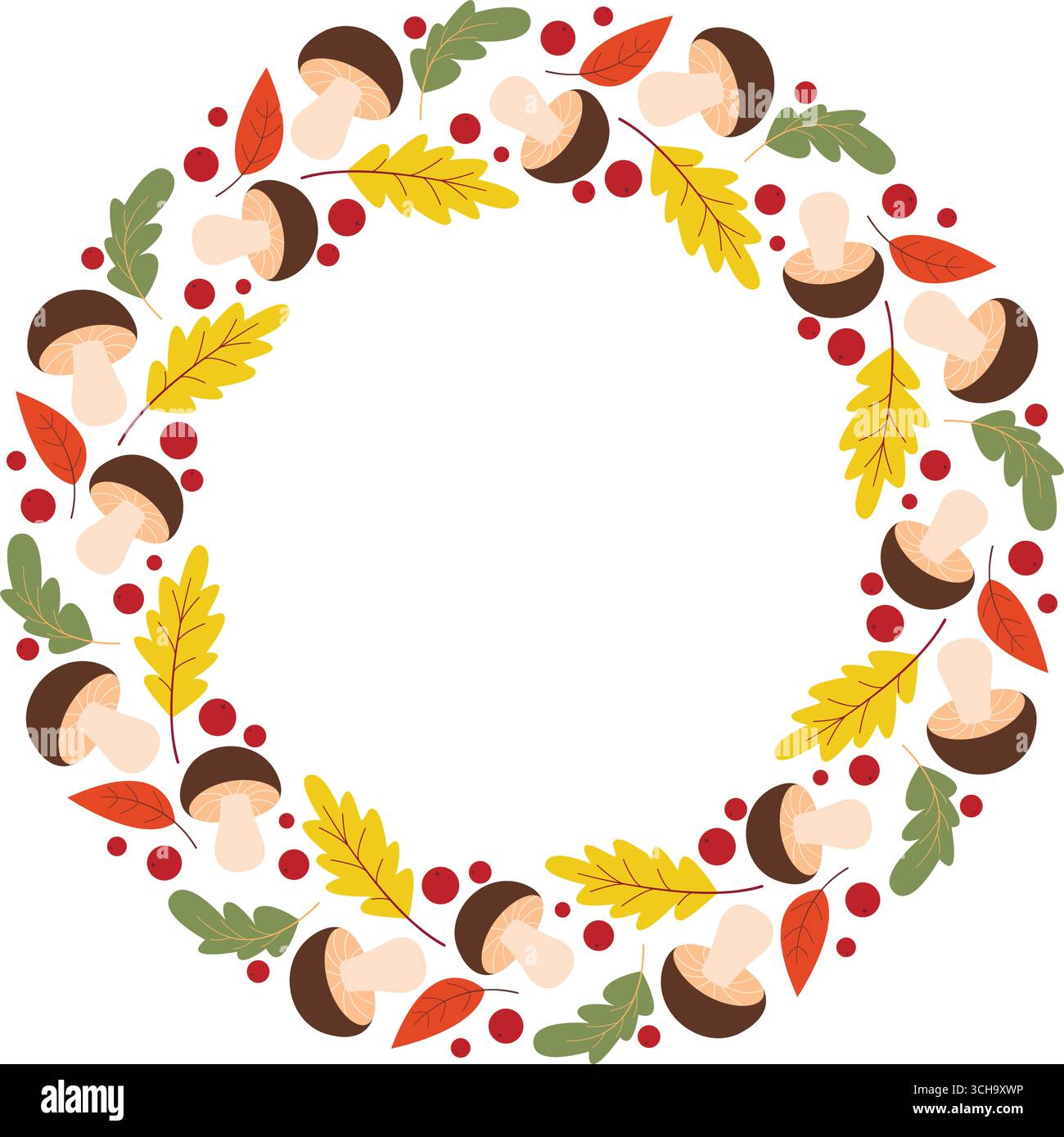 Bordo arrotondato di bolo forestale, mirtilli rossi e fogliame. La corona autunnale della natura. Telaio circolare vuoto di funghi forestali, foglie di quercia e frutti di bosco, vettore Illustrazione Vettoriale