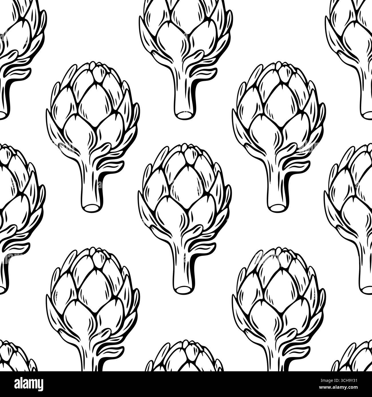 Motivo senza cuciture di carciofi disegnati a mano in stile incisivo. Vettore monocromatico perfetto per il confezionamento di alimenti e il marchio ecologico. Illustrazione Vettoriale
