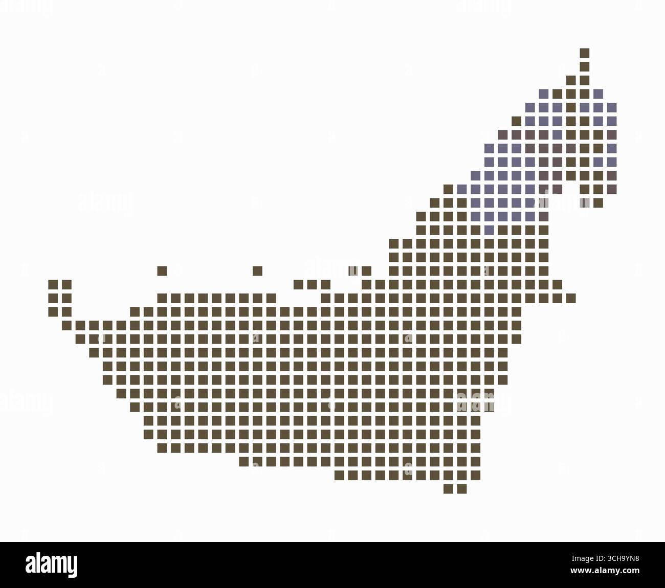 Mappa punteggiata degli Emirati Arabi Uniti. Mappa digitale del paese su sfondo bianco. Forma degli Emirati Arabi Uniti con punti quadrati. Illustrazione Vettoriale