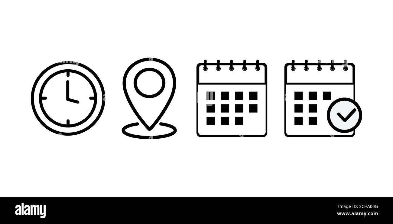 Icona posizione indirizzo. Icona timer cronometro. Icona Calendario data, sito Web, interfaccia utente. cartelli degli eventi dell'organizzatore di promemoria. Set di icone del calendario. programma per un autobus Illustrazione Vettoriale