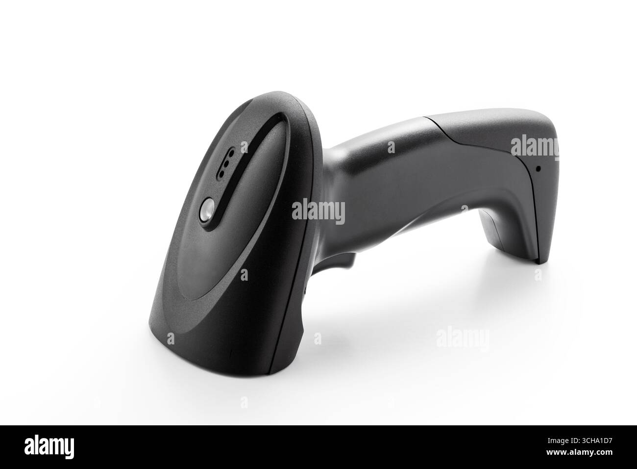 Lettore di codici a barre lettore di codici a barre portatile senza fili con docking station isolata su sfondo bianco Foto Stock