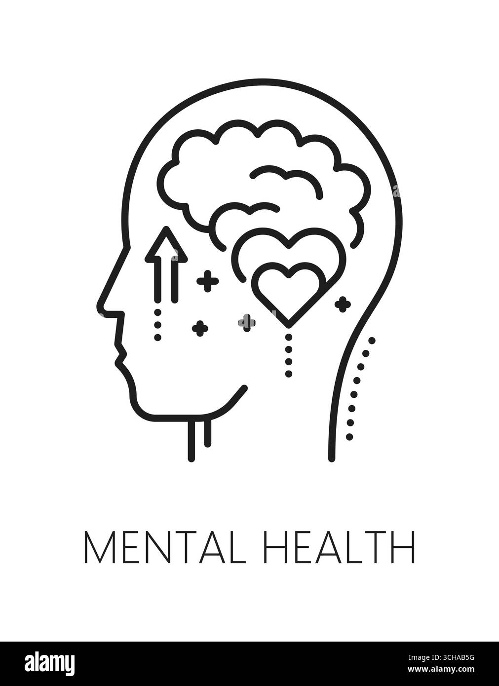 Salute mentale, icona della linea psicologica o pittogramma. Pittogramma vettoriale della linea di problema psicologico, icona lineart del disturbo cognitivo. Segno di psicoterapia o simbolo di salute mentale con testa silhouette e cervello Illustrazione Vettoriale