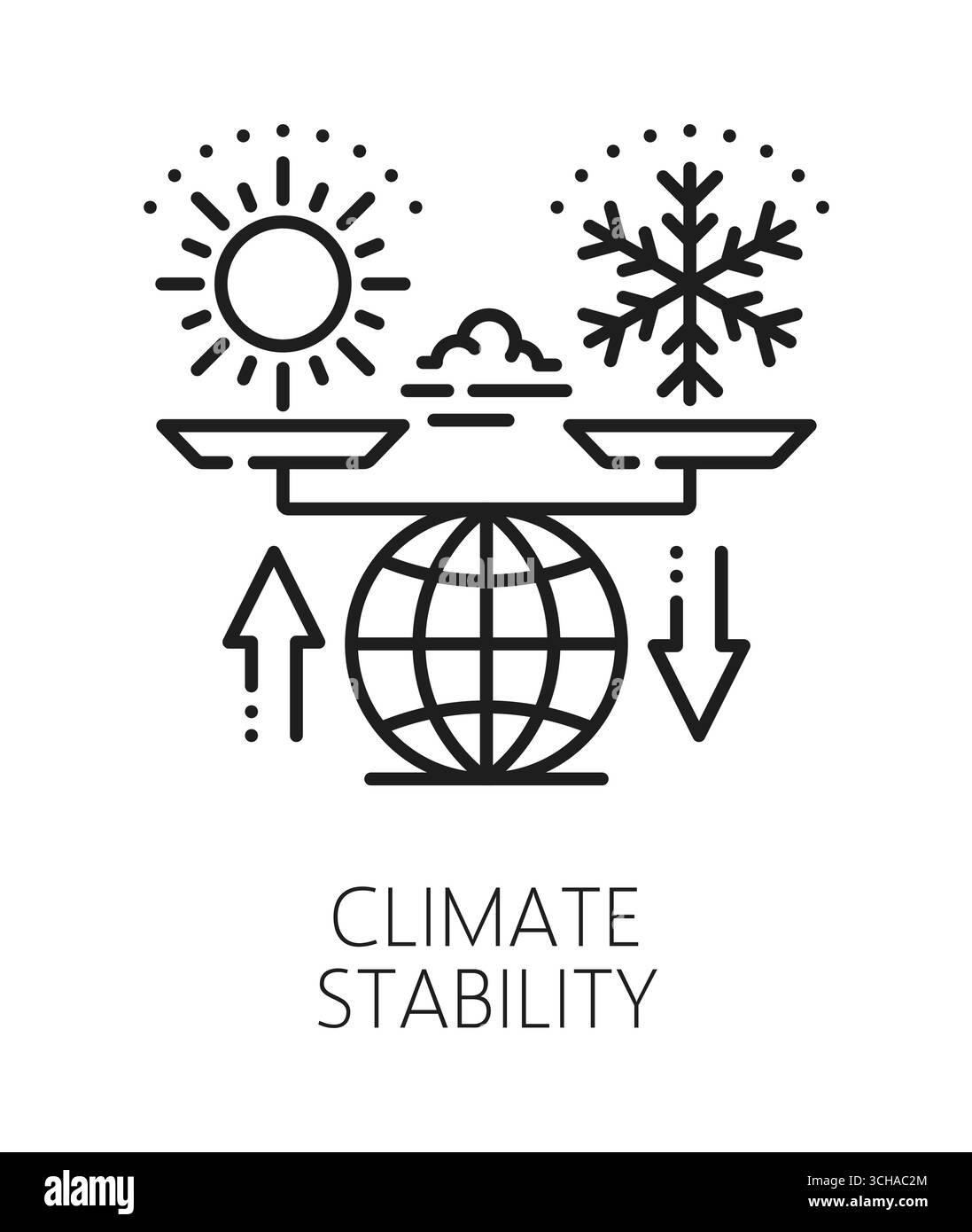 Stabilità climatica ESG icona a linea sottile o pittogramma. Responsabilità ecologica dell'azienda, icona vettoriale della governance sociale, simbolo ambientale sostenibile. Insegna ESG con globo, sole e fiocco di neve sulle scale Illustrazione Vettoriale