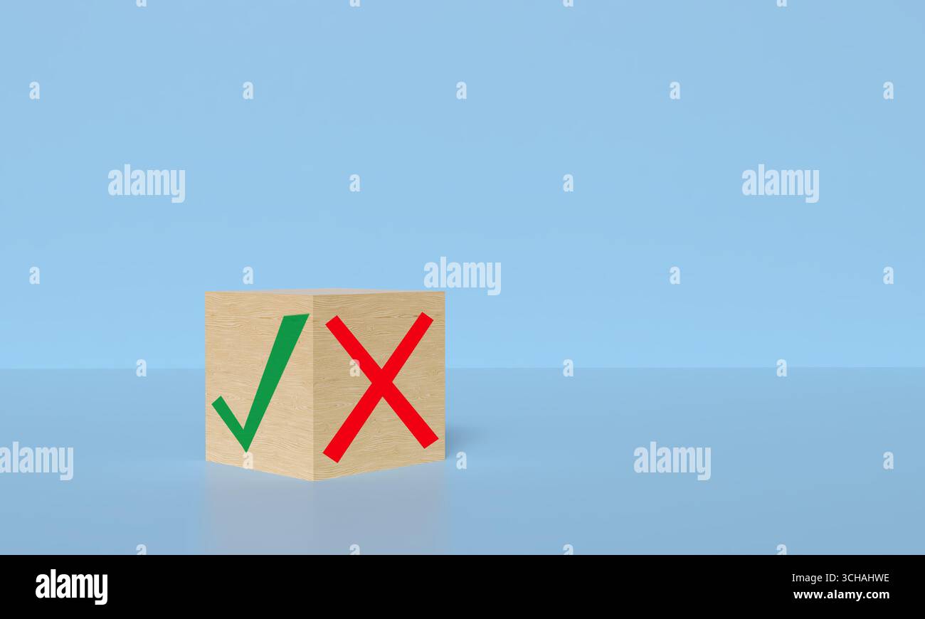 true false sign symbol cube block wooden copy space choice business decision wrong right false true no yes red green color vote mark ok reject tr Foto Stock