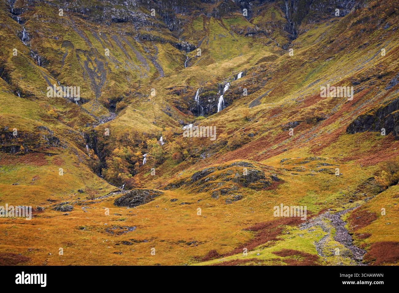 Cascata Vernal sulla collina ricoperta di salamoie vicino a Glencoe durante l'autunno nelle Highlands scozzesi Foto Stock