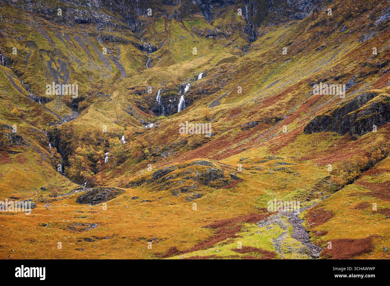 Cascata Vernal sulla collina ricoperta di salamoie vicino a Glencoe durante l'autunno nelle Highlands scozzesi Foto Stock