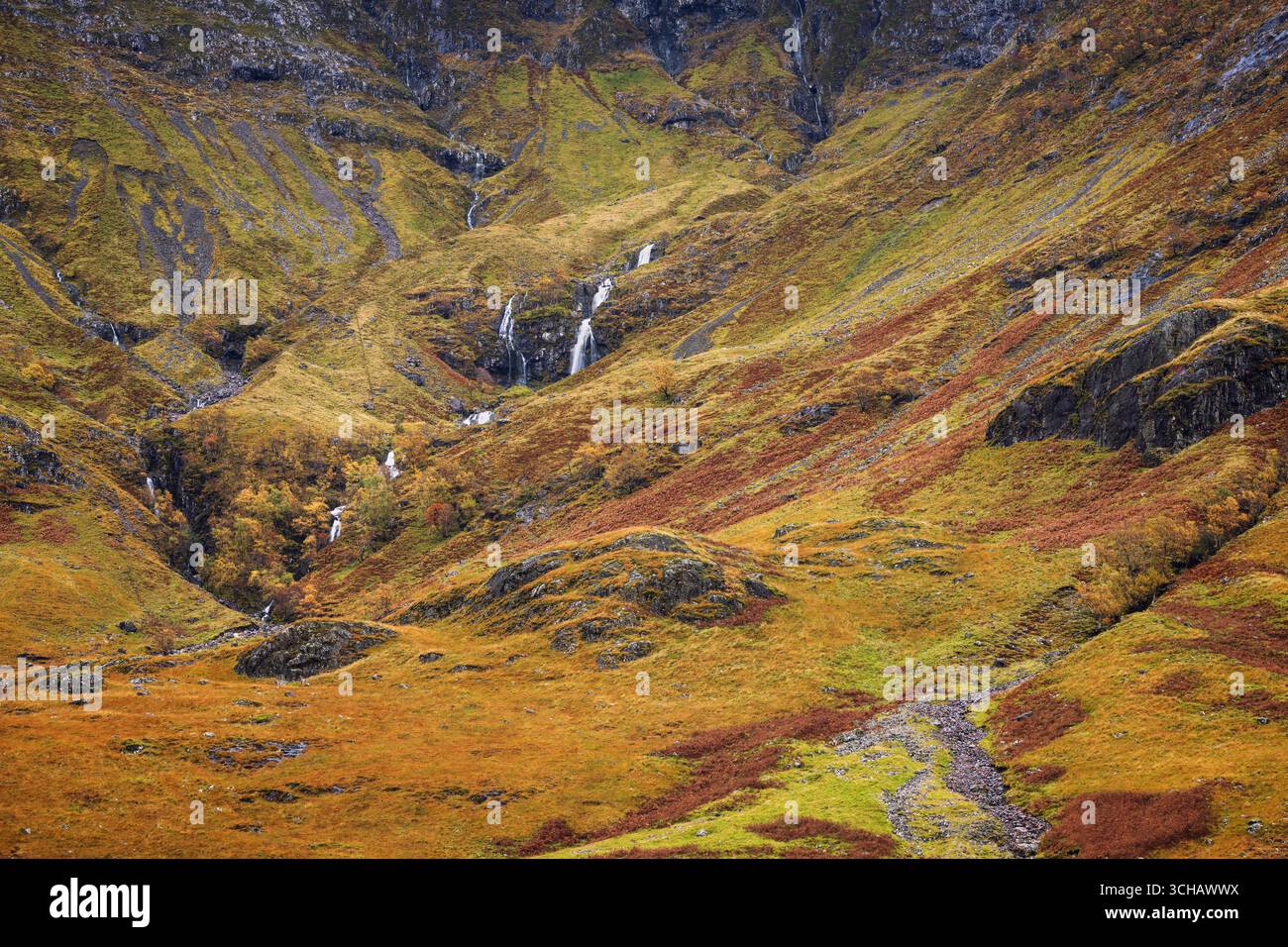 Cascata Vernal sulla collina ricoperta di salamoie vicino a Glencoe durante l'autunno nelle Highlands scozzesi Foto Stock