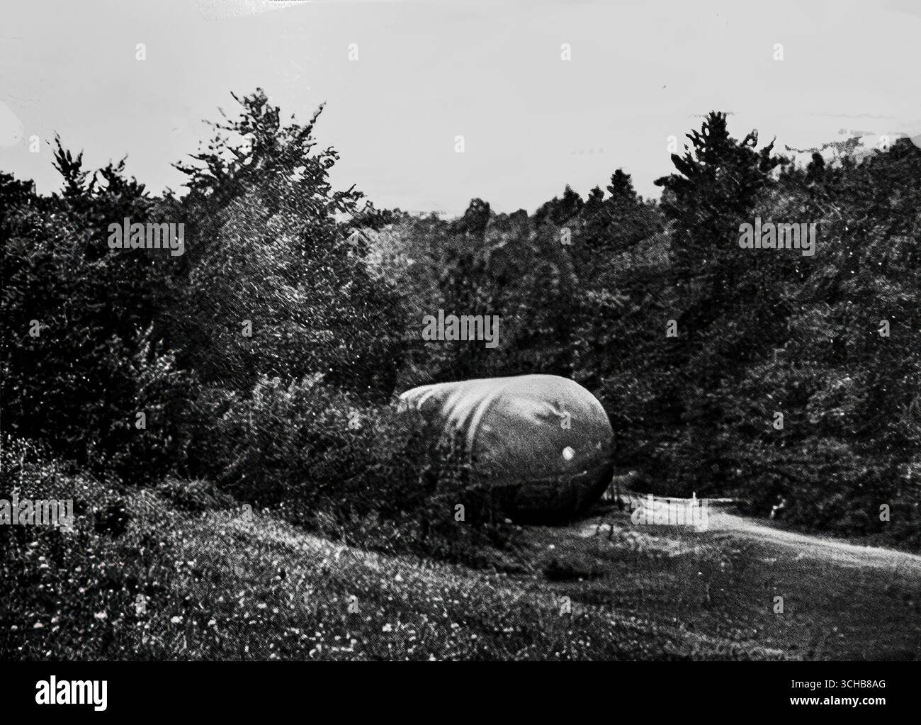 Foto d'archivio in bianco e nero pubblicata su l'Illustration, 27 maggio 1916, che mostra un pallone d'osservazione militare francese nascosto in una bonifica del bosco. Conosciuta come una "ballon-saucisse", era nascosta dalla vista nemica quando non era in uso. Durante la prima guerra mondiale questi palloni erano vitali per la ricognizione, ma la loro visibilità li rendeva obiettivi, quindi camuffamento e occultamento nelle foreste erano tattiche cruciali per proteggere le attrezzature e gli equipaggi vicino al fronte. Foto Stock