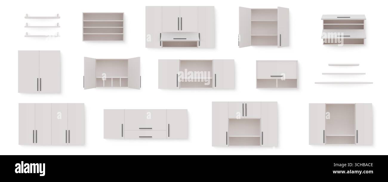 Scaffale dell'armadio. Armadietto aperto in cucina. Ripiani a parete con cassetti. Armadietto vuoto. Libreria interna in legno. Arredamento degli appartamenti. Commode ripostiglio in ambiente domestico. Libreria per uso domestico. Set di oggetti isolati vettoriali Illustrazione Vettoriale