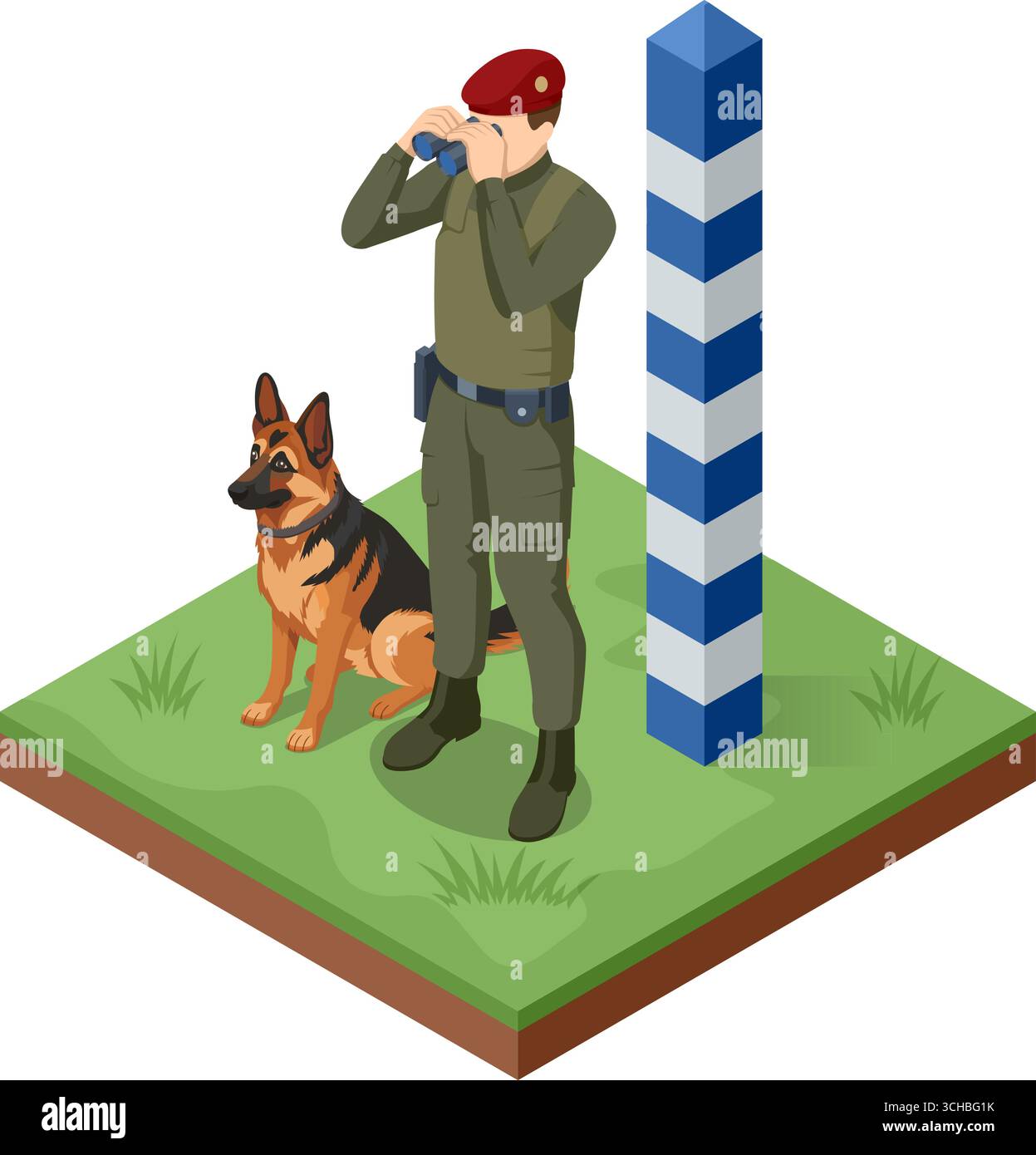 Guardia di frontiera isometrica con binocolo e cane di pattuglia vicino al posto di frontiera. Concetto di sicurezza, sorveglianza e protezione contro il illegale Illustrazione Vettoriale