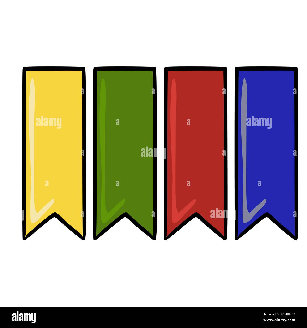 Un'illustrazione vettoriale di quattro pennant colorati disegnati a mano, ciascuno in un colore diverso e vibrante: Giallo, verde, rosso e blu, con un divertente, leggermente Illustrazione Vettoriale