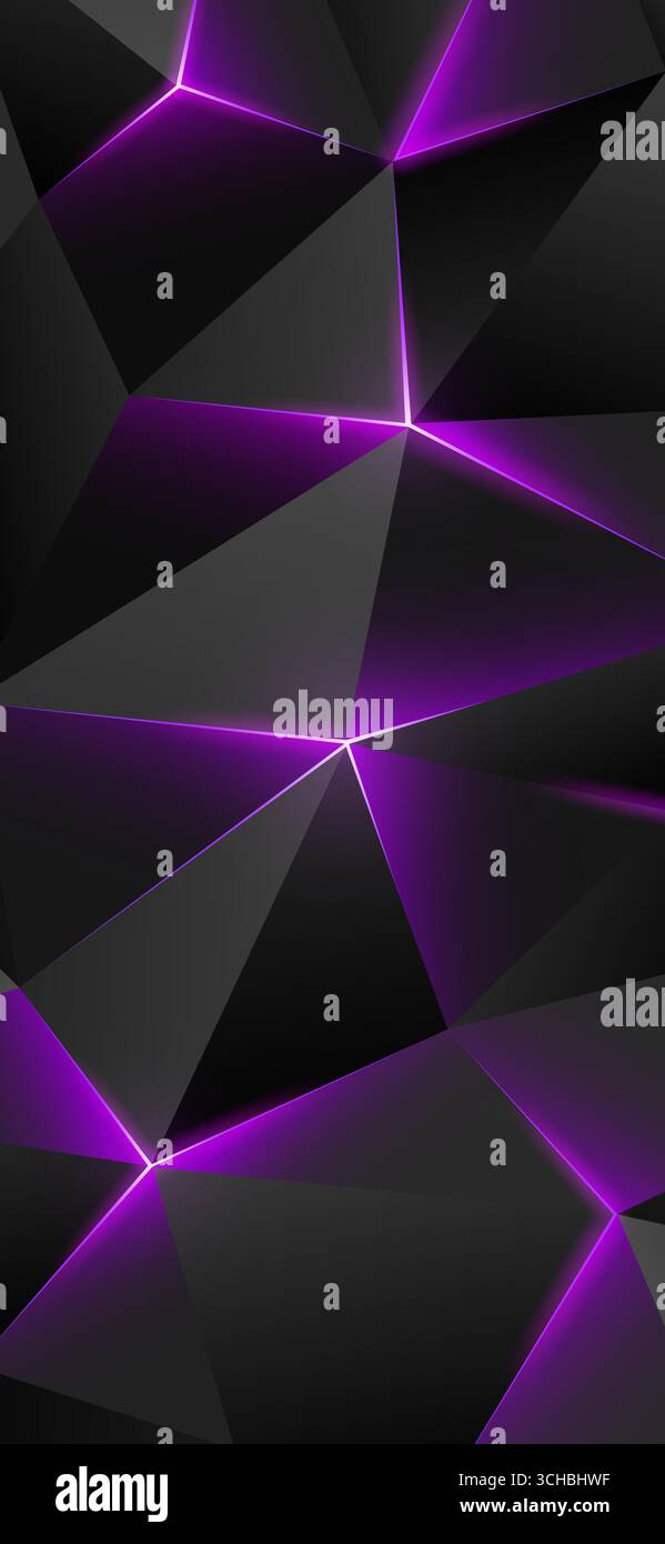 Sfondo scuro per smartphone con basso contenuto di poli. Sfondo geometrico astratto con triangoli. Sfondo grigio e viola. Linee brillanti, triangolo. Innovazione concettuale. Illustrazione Vettoriale