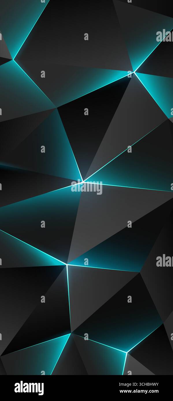 Sfondo poly basso scuro. Sfondo geometrico astratto per smartphone, innovazione concettuale. Linee brillanti, triangolo. Sfondo triangoli grigio ciano-blu Illustrazione Vettoriale