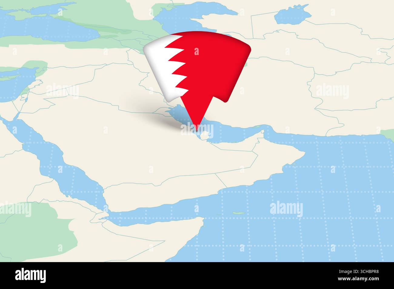 Posizione del Bahrein evidenziata sulla mappa asiatica con icona bandiera. Progettazione vettoriale dettagliata. Illustrazione Vettoriale