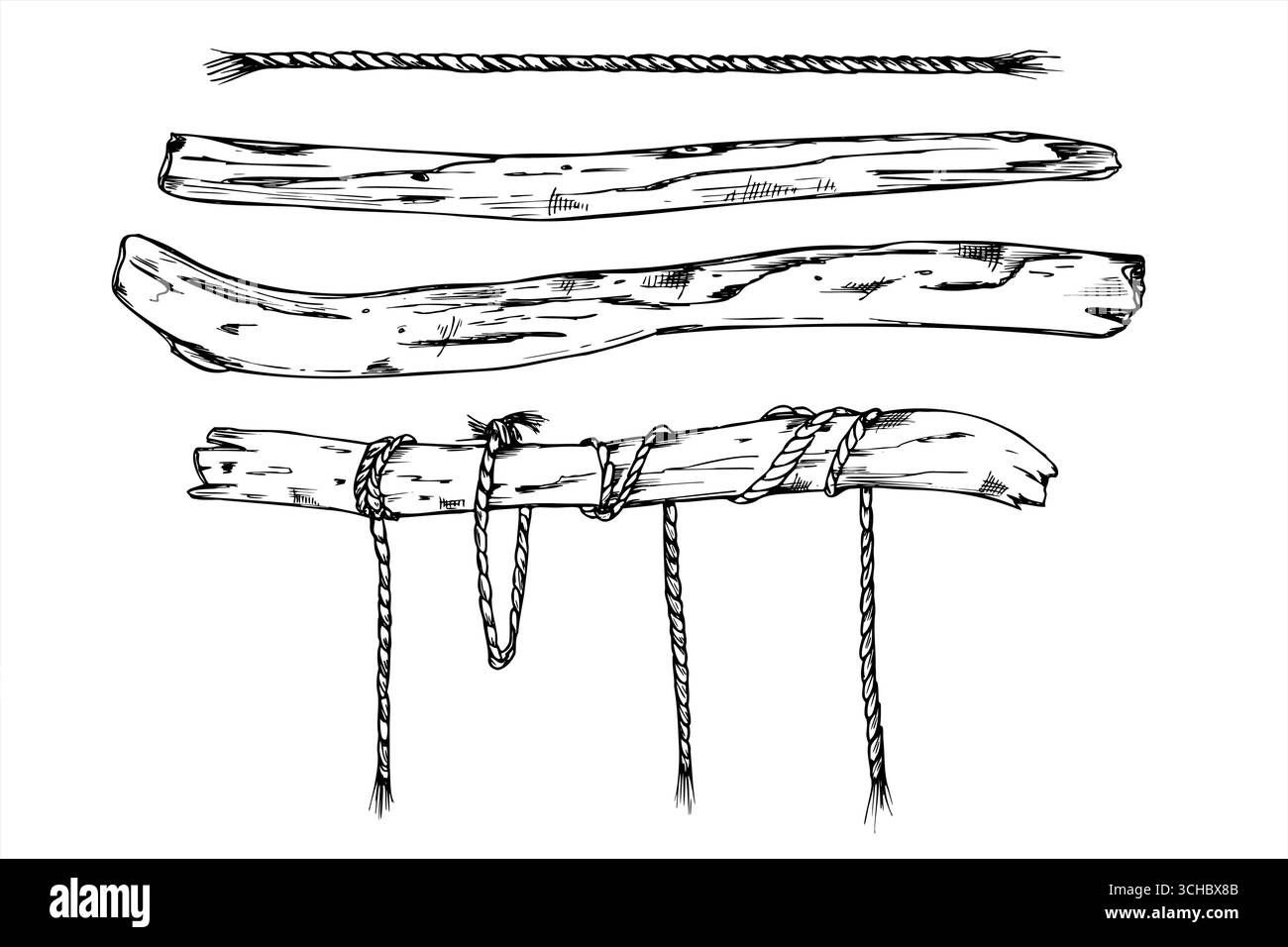 Bastoncini di legno secchi, clip illustrative vettoriali monocromatiche in corda dipinte con inchiostri neri. Disegno decorativo dei vecchi rami dell'albero Illustrazione Vettoriale