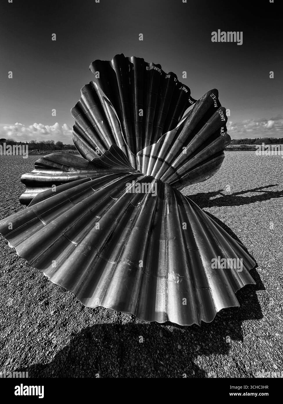scultura a conchiglia di maggie hamblyn, sulla spiaggia di aldeburgh, suffolk, inghilterra Foto Stock