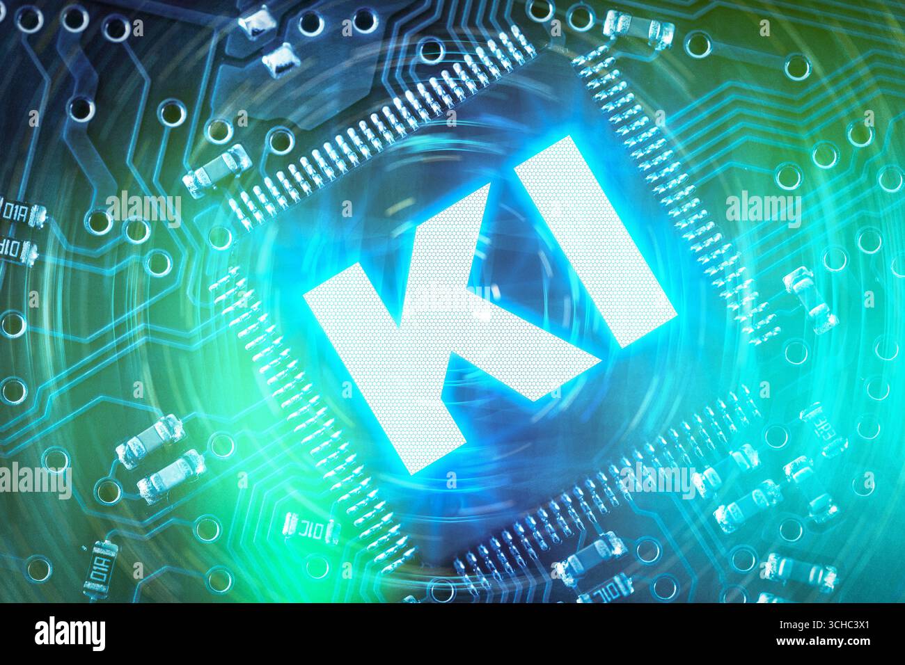 Baviera, Germania - 1 settembre 2025: FOTOMONTAGGIO, chip luminoso per computer con la grande iscrizione: AI, su circuito stampato. Foto simbolica per intelligenza artificiale, tecnologia digitale, algoritmi e moderna tecnologia informatica *** FOTOMONTAGE, Leuchtender Computerchip mit der großen Aufschrift: KI, auf Leiterplatte. Symbolfoto für künstliche Intelligenz, digitale Technik, Algorithmen und moderne Computertechnologie Foto Stock