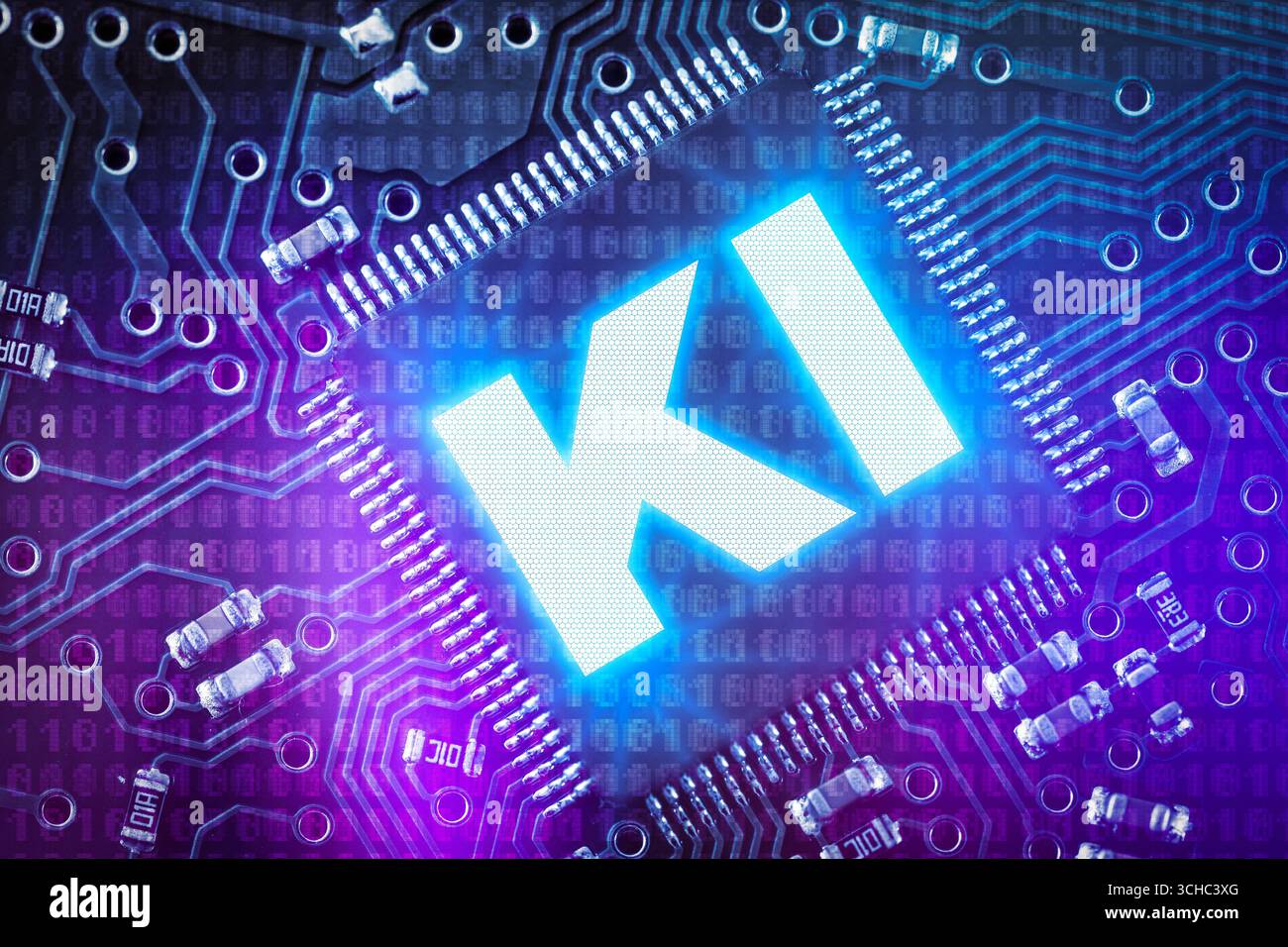 Baviera, Germania - 1 settembre 2025: FOTOMONTAGGIO, chip luminoso per computer con la grande iscrizione: AI, su circuito stampato. Foto simbolica per intelligenza artificiale, tecnologia digitale, algoritmi e moderna tecnologia informatica *** FOTOMONTAGE, Leuchtender Computerchip mit der großen Aufschrift: KI, auf Leiterplatte. Symbolfoto für künstliche Intelligenz, digitale Technik, Algorithmen und moderne Computertechnologie Foto Stock