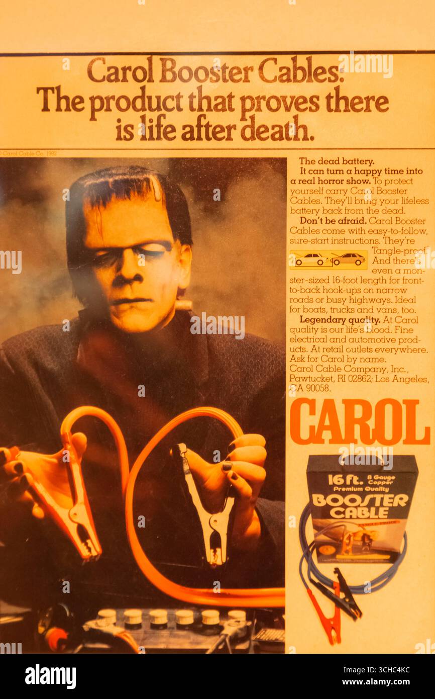 England, Somerset, Bath, Mary Shelley's House of Frankenstein, display of Frankenstein Related Memabilia, divertente Booster Cable Magazine Advert depi Foto Stock
