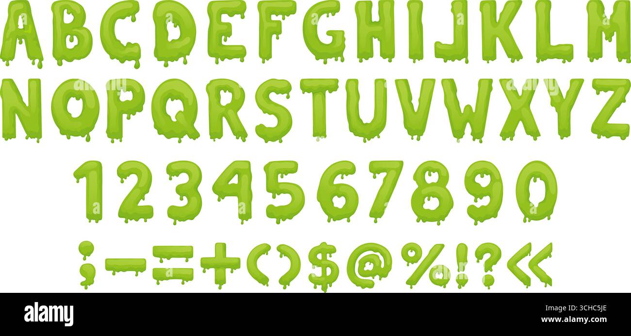 Lettere finte. Alfabeto liquido, numeri e segni di punteggiatura. Radioattivo verde isolato tossico abc. Lettera di Halloween per decorazioni, striscioni, poster, neo Illustrazione Vettoriale