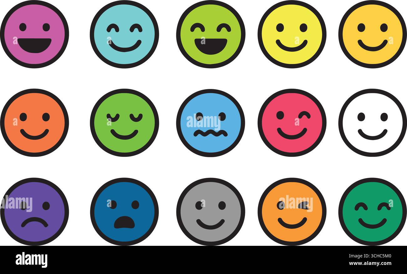 Set di icone colorate Smiley Face Emoji – simpatiche e divertenti emoticon con Expressive Emotions Vector Collection Illustrazione Vettoriale