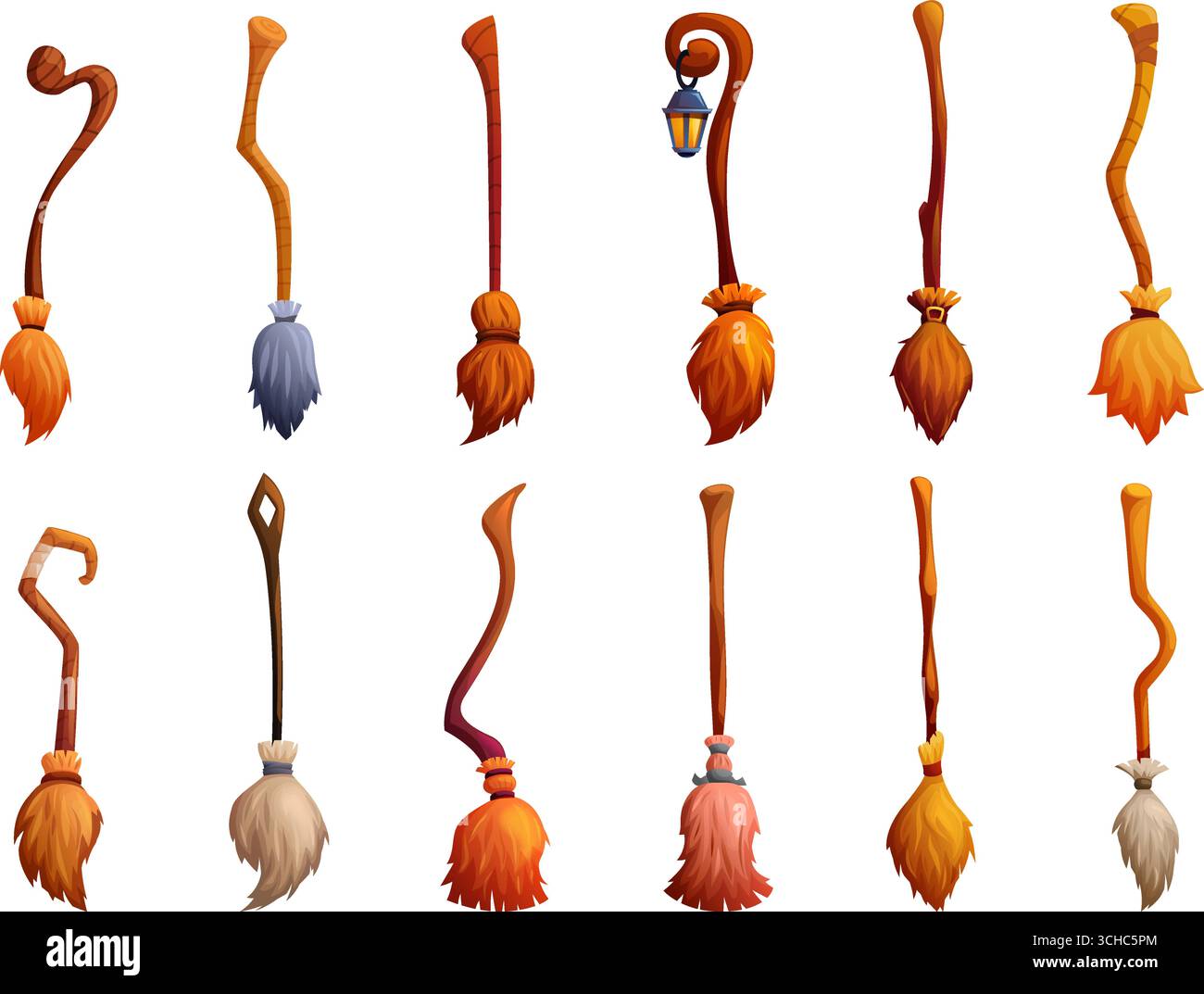Scopa da strega cartoni animati. Scopa per streghe con bastoncini di legno, accessori magici per halloween. Set vettoriale sapid per utensili domestici vecchio stile e decorativo ori Illustrazione Vettoriale