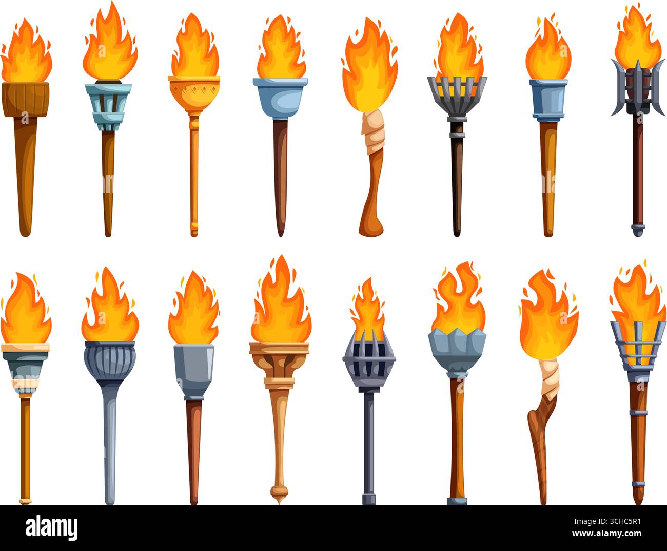 Torce medievali cartoni animati. Antica torcia con fiamma di fuoco, lampade in metallo e pietra di legno. Elementi isolati di luci fiammeggianti per interni di castelli o grotte, Illustrazione Vettoriale