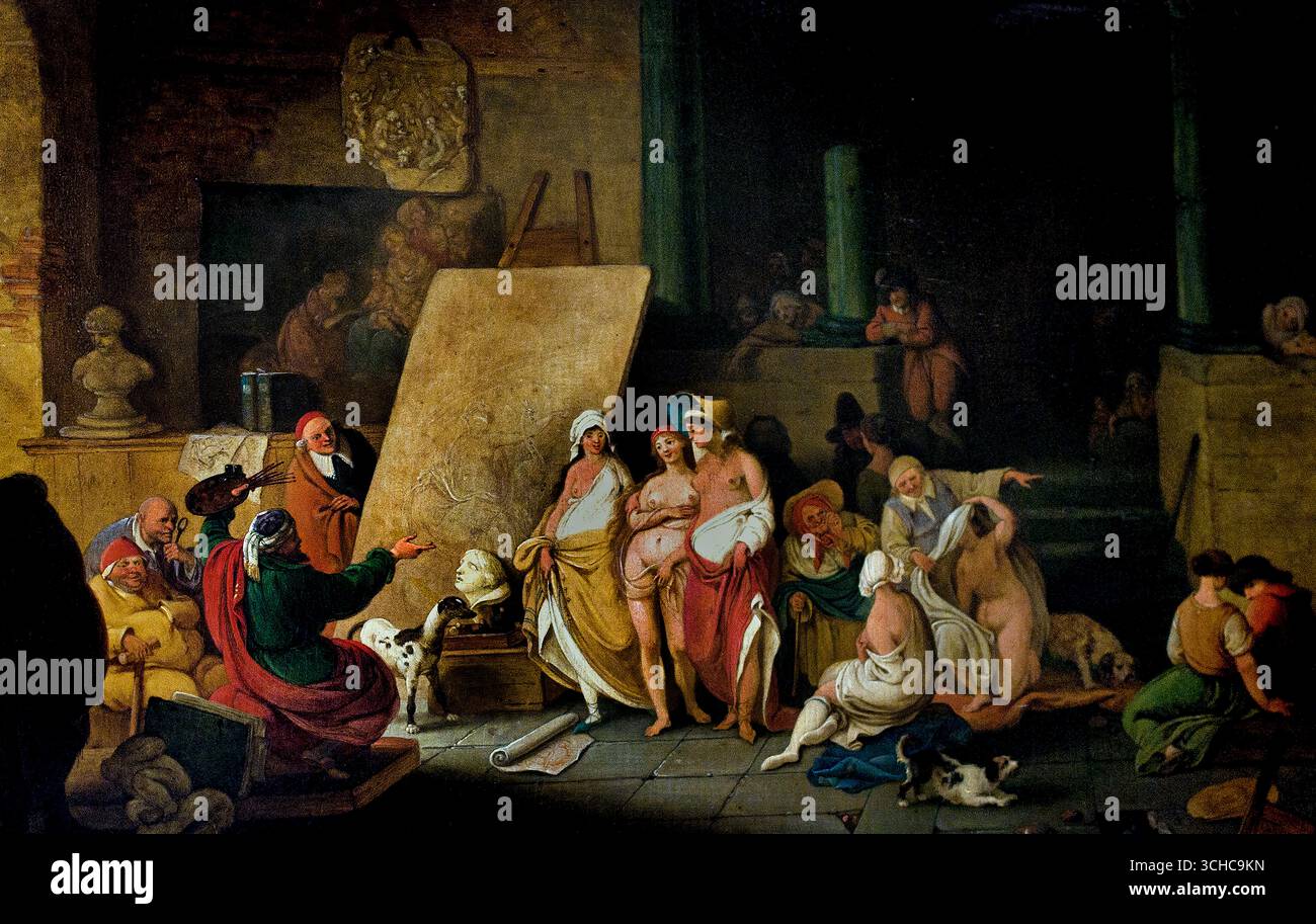 Parodia Zeuxis di Jacques-Albert Senave 1758-1823 Francia Museo francese. ( Parodia di Zeuxis Un dipinto che raffigura una scena umoristica ispirata alla storia di Zeuxis, probabilmente coinvolgendo artisti e modelli.) Secondo la Naturalis Historia di Plinio il Vecchio, Zeuxis e il suo contemporaneo Parrhasio (di Efeso e più tardi Atene) organizzarono un concorso per determinare il maggiore artista. Foto Stock