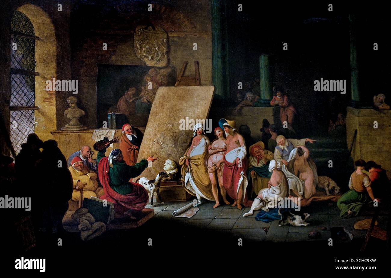 Parodia Zeuxis di Jacques-Albert Senave 1758-1823 Francia Museo francese. ( Parodia di Zeuxis Un dipinto che raffigura una scena umoristica ispirata alla storia di Zeuxis, probabilmente coinvolgendo artisti e modelli.) Secondo la Naturalis Historia di Plinio il Vecchio, Zeuxis e il suo contemporaneo Parrhasio (di Efeso e più tardi Atene) organizzarono un concorso per determinare il maggiore artista. Foto Stock