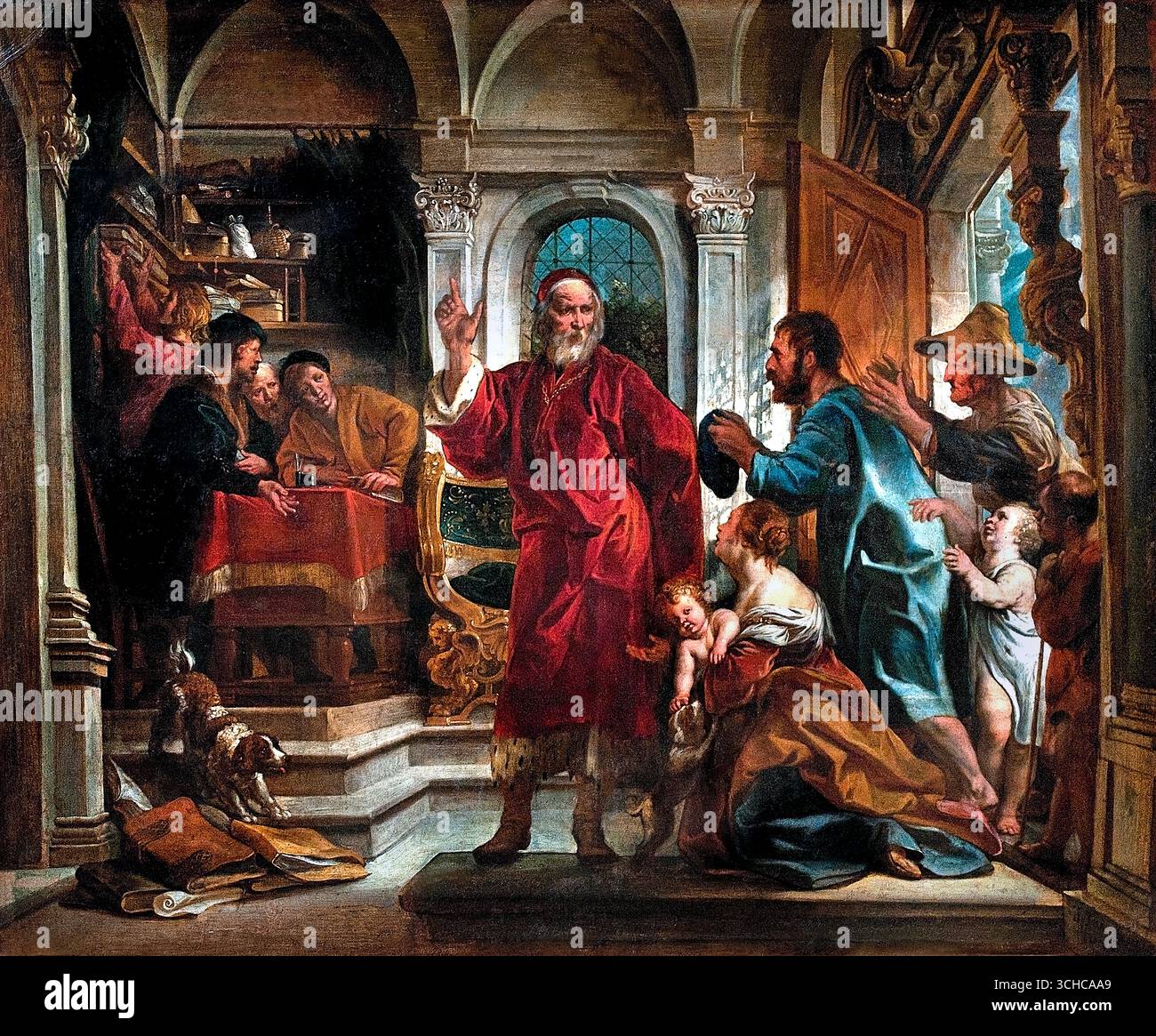 Yves saint, patrono degli avvocati 1645 JACOB JORDAENS (1593-1678) belga fiammingo Jacob Jordaens (1593-1678) è stato un importante pittore e disegnatore fiammingo del barocco, noto per i suoi dipinti di storia, scene mitologiche e allegoriche, opere religiose, scene di genere della vita quotidiana e ritratti. Fu influenzato dal suo contemporaneo ed ex insegnante di Peter Paul Rubens Foto Stock