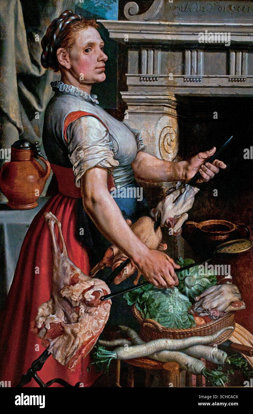 Cucina di fronte alla stufa - The Kitchen Maid 1559 Pieter Aertsen (c. 1508–1575) Paesi Bassi, Paesi Bassi, Olanda, noto come l'inventore della scena di genere monumentale. Il suo lavoro, in particolare i suoi dipinti culinari e le scene contadine, combinava nature morte con scene bibliche o allegoriche sullo sfondo, spesso con un sottotono moralistico. Foto Stock