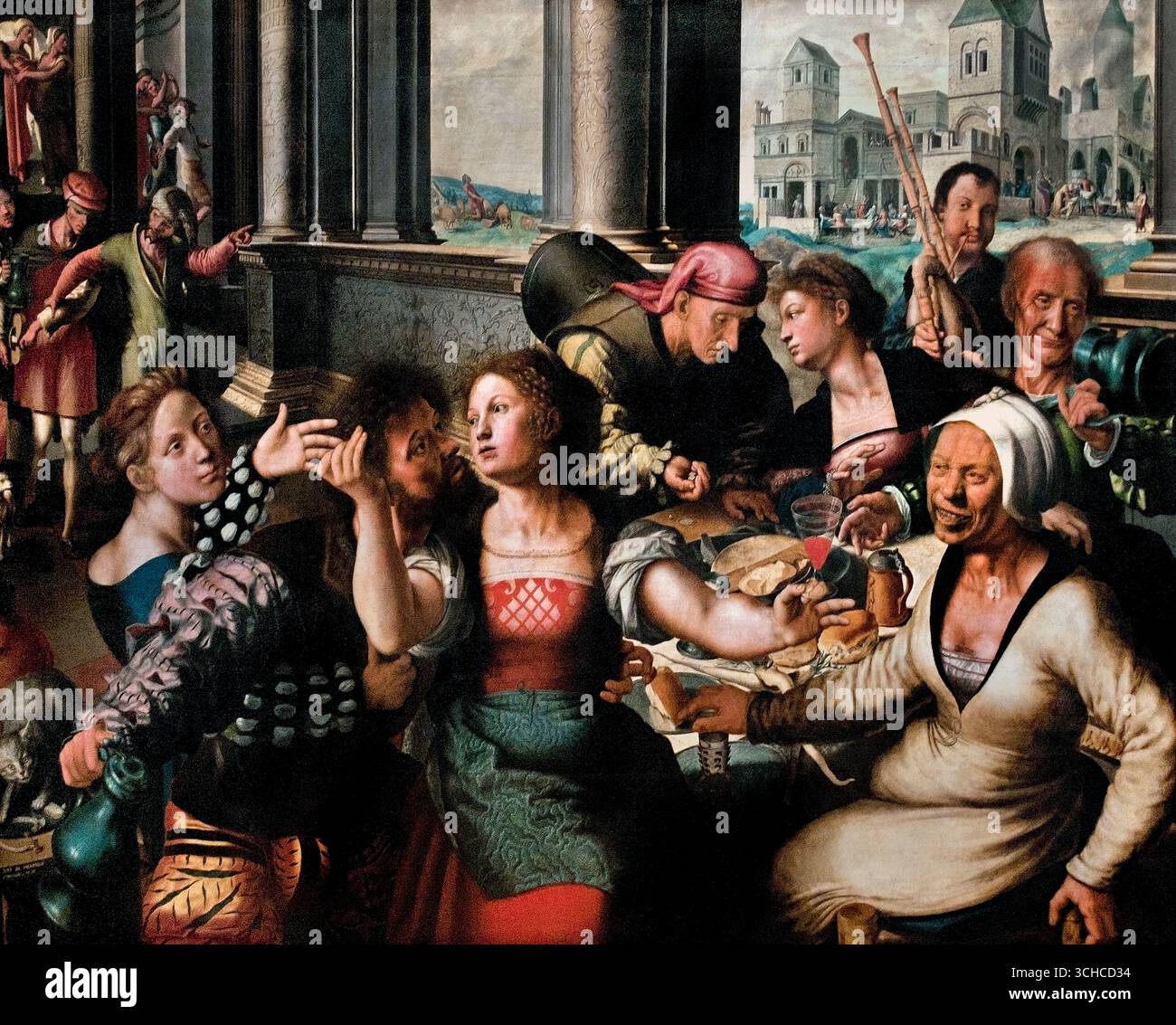 "Il peccato del figlio prodigo" è un dipinto del 1536 di Jan Sanders van Hemessen e Maestro di Paolo e Barnaba 1500-1556 Belgio fiammingo (parabola del figlio prodigo del nuovo Testamento. Il dipinto, un olio su pannello di quercia, raffigura i peccati dei primi anni del figlio prodigo in primo piano, tra cui la prostituzione e la musica, e la sua caduta e l'eventuale perdono da parte del padre sullo sfondo. Foto Stock