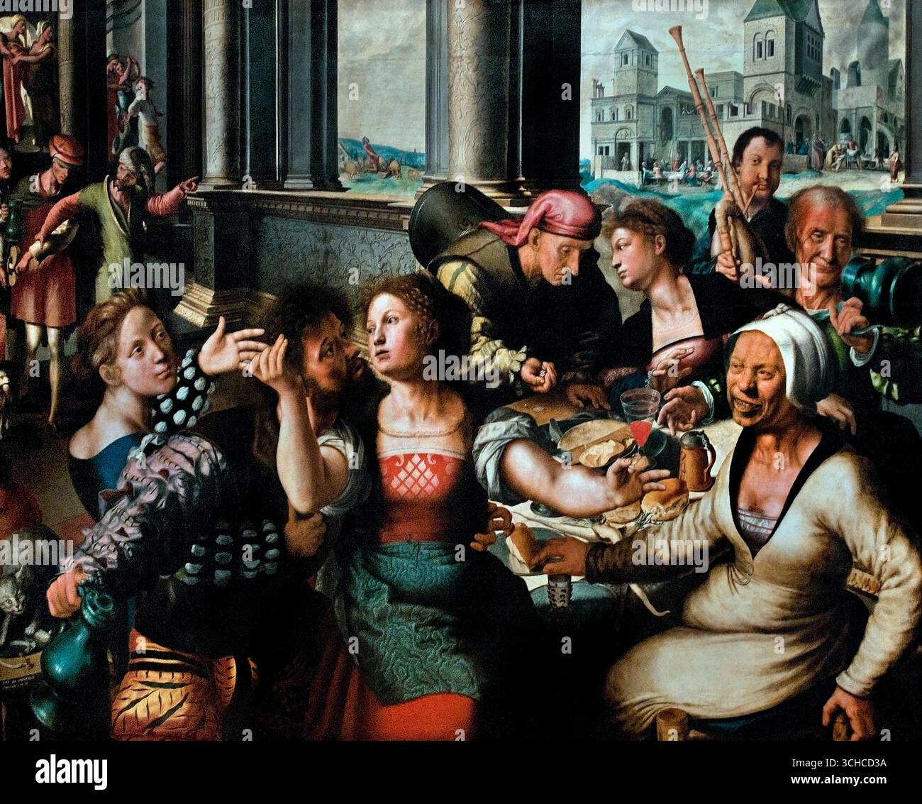 "Il peccato del figlio prodigo" è un dipinto del 1536 di Jan Sanders van Hemessen e Maestro di Paolo e Barnaba 1500-1556 Belgio fiammingo (parabola del figlio prodigo del nuovo Testamento. Il dipinto, un olio su pannello di quercia, raffigura i peccati dei primi anni del figlio prodigo in primo piano, tra cui la prostituzione e la musica, e la sua caduta e l'eventuale perdono da parte del padre sullo sfondo. Foto Stock