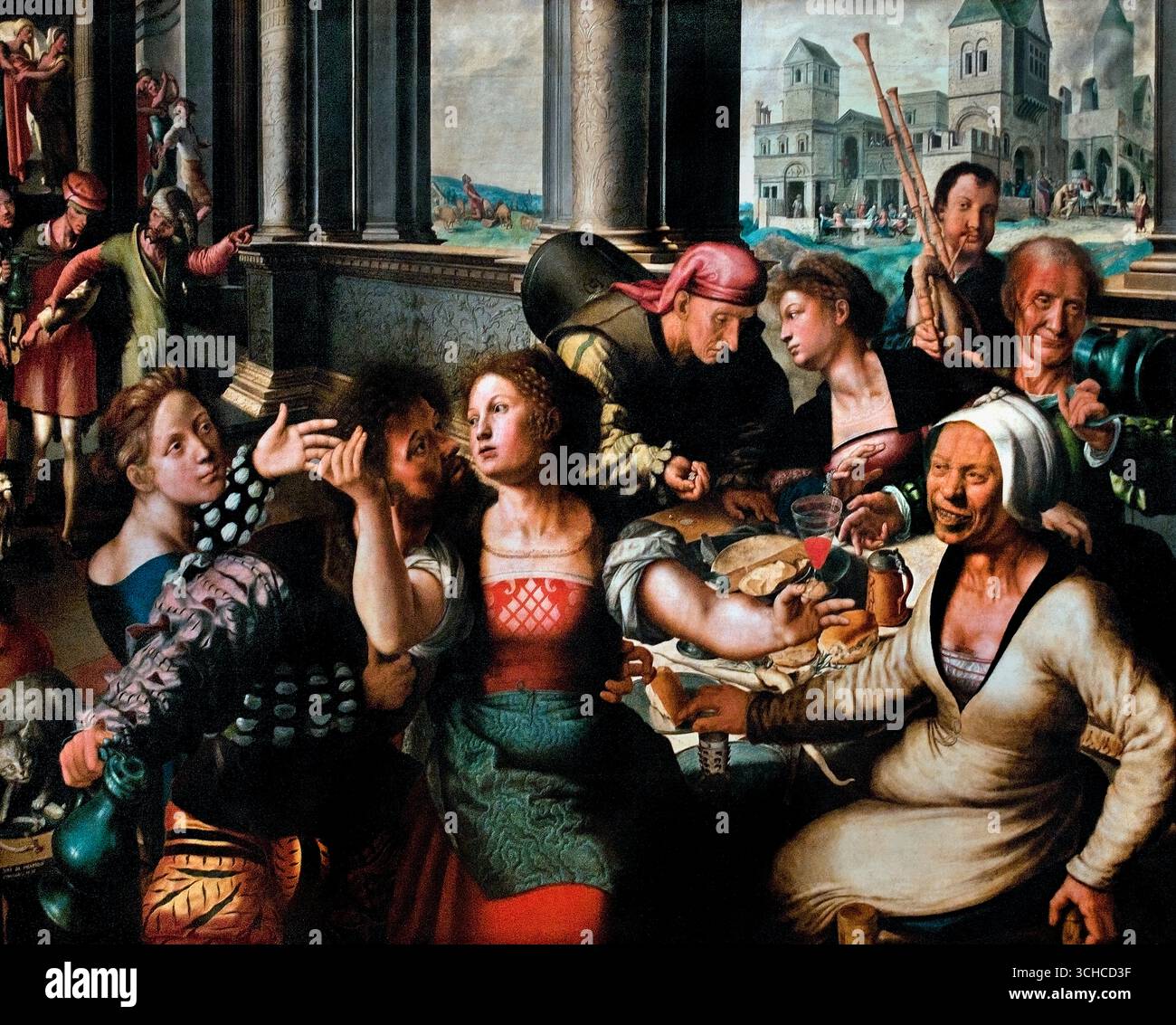 "Il peccato del figlio prodigo" è un dipinto del 1536 di Jan Sanders van Hemessen e Maestro di Paolo e Barnaba 1500-1556 Belgio fiammingo (parabola del figlio prodigo del nuovo Testamento. Il dipinto, un olio su pannello di quercia, raffigura i peccati dei primi anni del figlio prodigo in primo piano, tra cui la prostituzione e la musica, e la sua caduta e l'eventuale perdono da parte del padre sullo sfondo. Foto Stock