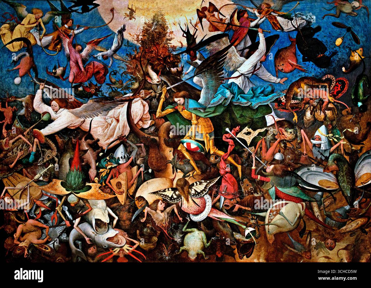 La caduta degli Angeli ribelli di Pieter i Brueghel 1527-1569 Belgio fiammingo belga (un mix apparentemente inestricabile di persone e forme si offre al nostro sguardo sconcertato. Emergendo da profondità lontane in un alone di luce, i mostri vengono lanciati sulla terra come da un'onda di rottura. Gli angeli li combattono, guidati da San Michele, magro come un rastrello nella sua armatura dorata, colpendo con la spada il drago con le sette teste coronate su cui ha il suo appoggio. Il combattimento dell' arcangelo con gli angeli caduti è descritto nel Libro dell' Apocalisse Foto Stock