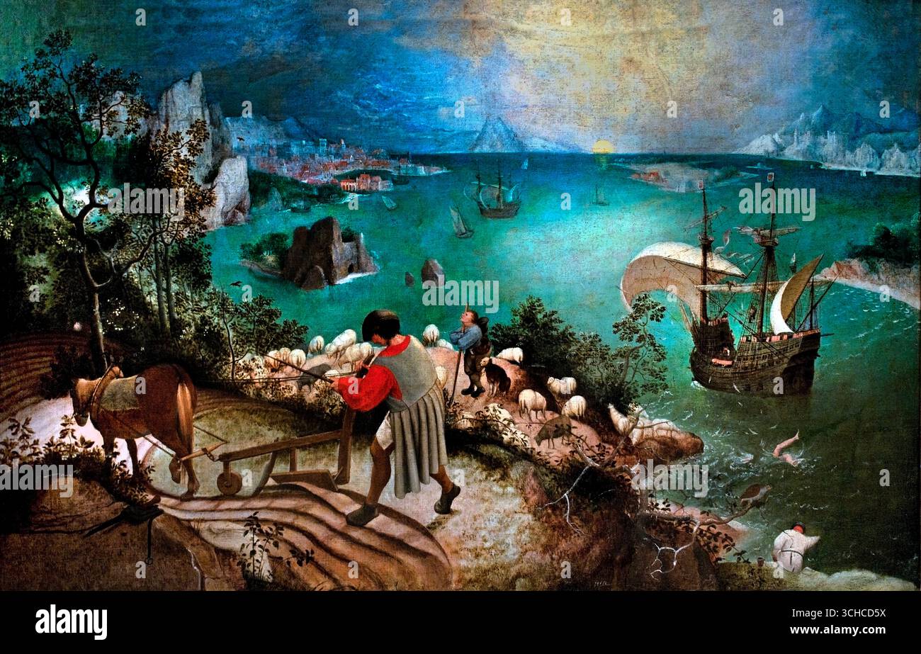 Paesaggio con la caduta di Icaro, 1555 artista Brueghel, Pieter il Vecchio 1515-69) ( Icaro, per esempio: Come tutto si allontana abbastanza tranquillamente dal disastro; il plowman può aver sentito lo spruzzo, il grido abbandonato, ma per lui non è stato un fallimento importante; il sole risplende come doveva sulle gambe bianche scomparire nell'acqua verde; e la nave cara e delicata che deve aver visto qualcosa di incredibile, un ragazzo che cade dal cielo, aveva un posto dove andare e salpò con calma.) Foto Stock