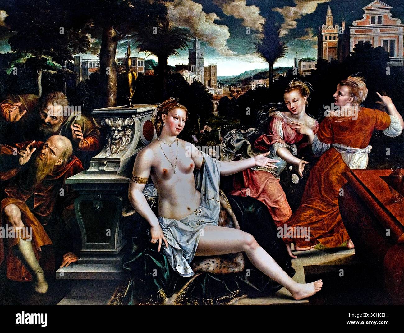 Susanna and the Elders 1564 Jan Matsys ( Massys Metsys Matsijs) 1510–1575 belga fiammingo ( donna ebraica falsamente accusata di adulterio da due giudici dopo che lei rifiutò le loro avances). Jan Matsys o Jan Massijs (1510 circa – 8 ottobre 1575) è stato un pittore fiammingo del Rinascimento noto per i suoi dipinti di storia, scene di genere e paesaggi. Foto Stock