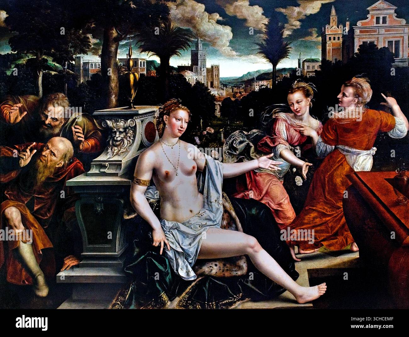 Susanna and the Elders 1564 Jan Matsys ( Massys Metsys Matsijs) 1510–1575 belga fiammingo ( donna ebraica falsamente accusata di adulterio da due giudici dopo che lei rifiutò le loro avances). Jan Matsys o Jan Massijs (1510 circa – 8 ottobre 1575) è stato un pittore fiammingo del Rinascimento noto per i suoi dipinti di storia, scene di genere e paesaggi. Foto Stock