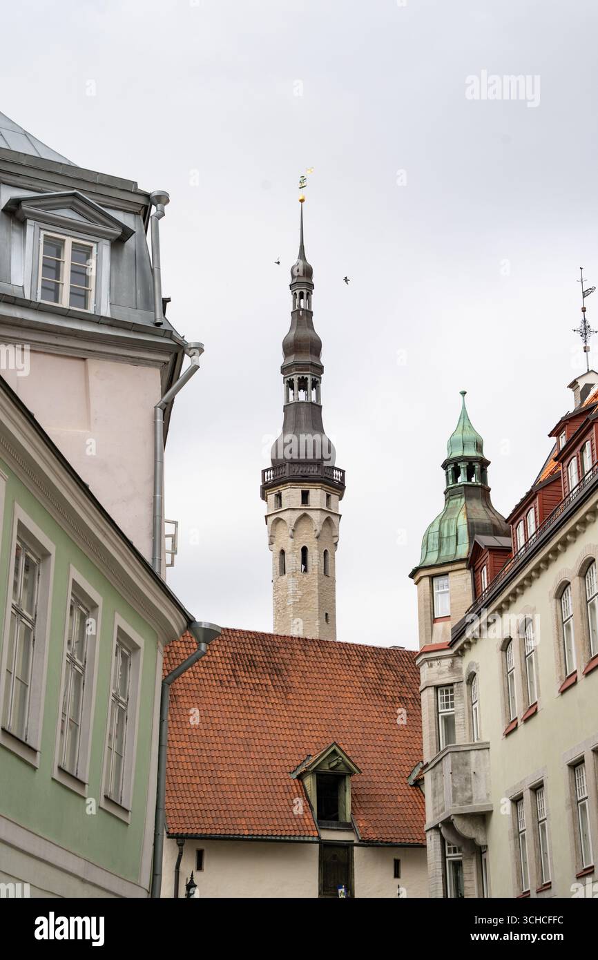 Centro storico di Tallinn con torri medievali e edifici colorati sotto il cielo nuvoloso Foto Stock